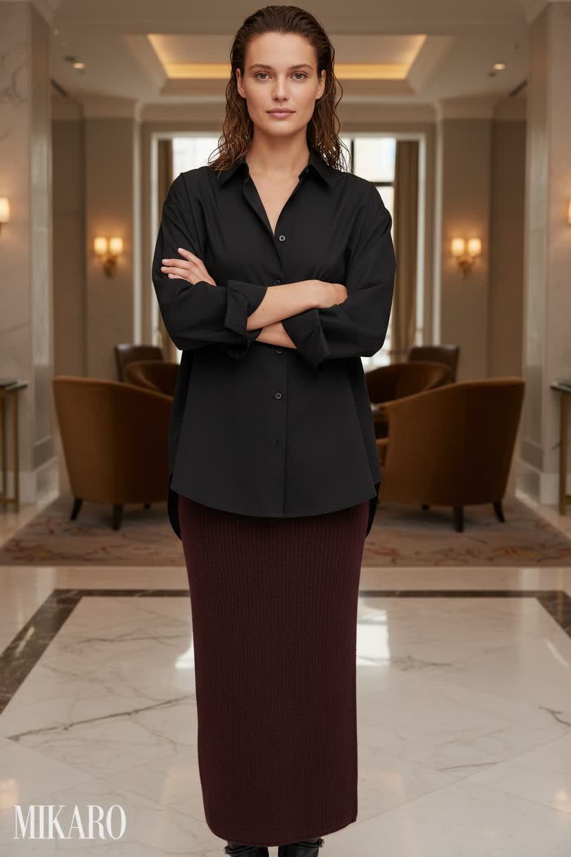 Sophisticated Knit Skirt & Black Shirt Ensemble