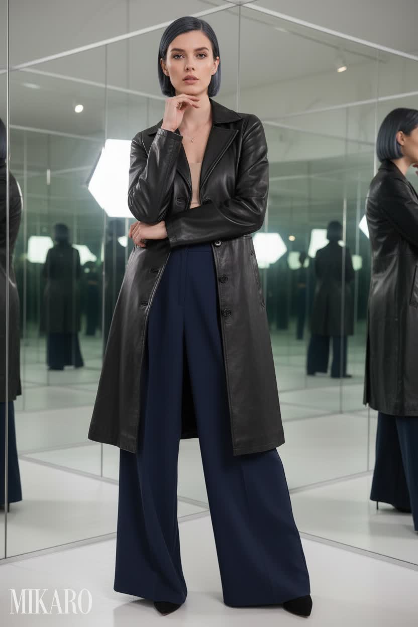 Sophisticated Leather Car Coat & Wide-Leg Trousers Ensemble