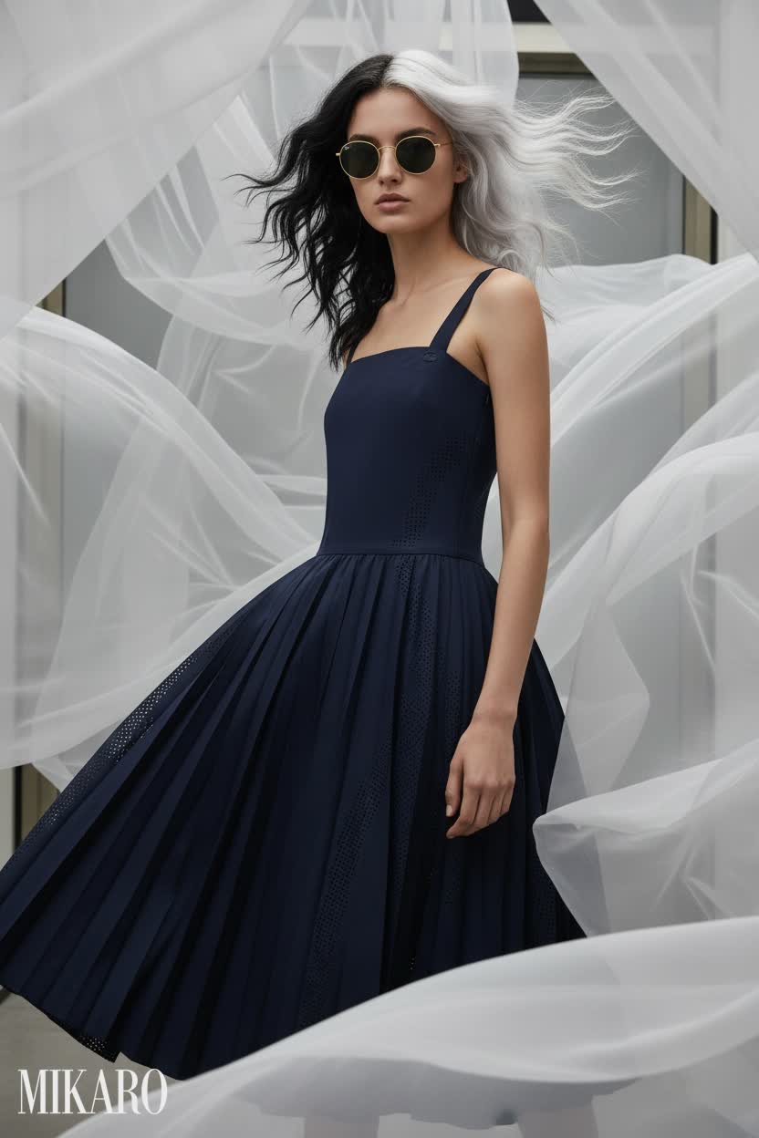 Sophisticated Navy Pleated Dress with Iconic Round Sunglasses