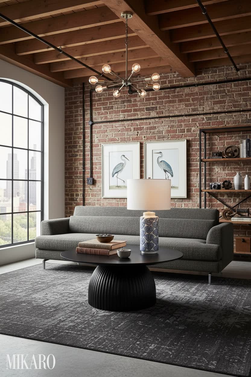 Sophisticated Neo-Industrial Living Room with Modern Coffee Table & Coastal Lamp Accents