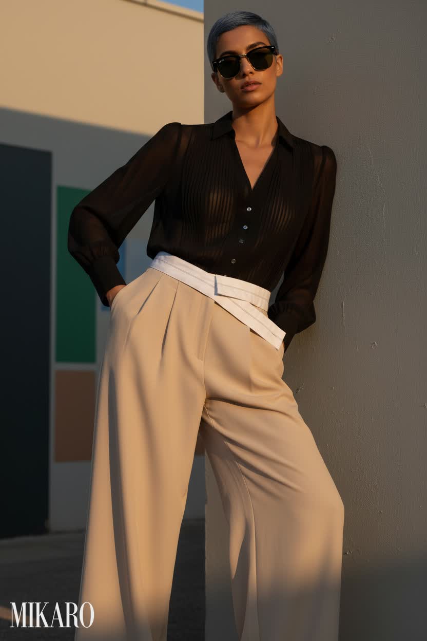 Sophisticated Power Play: Sheer Blouse & Wide-Leg Trousers Ensemble