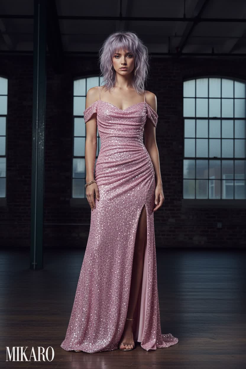 Sparkling Evening Gown in Industrial Setting