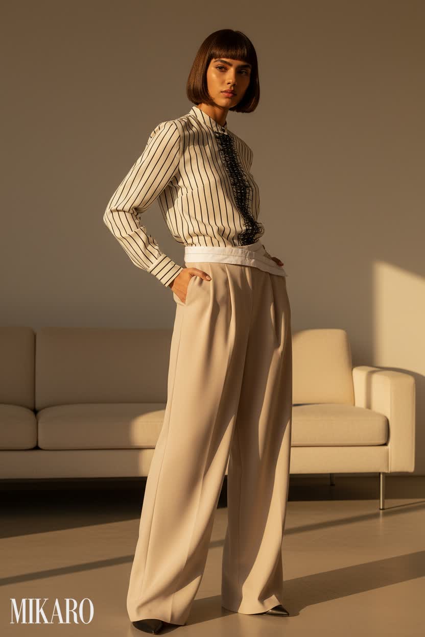 Striped Blouse & Wide-Leg Pants Ensemble