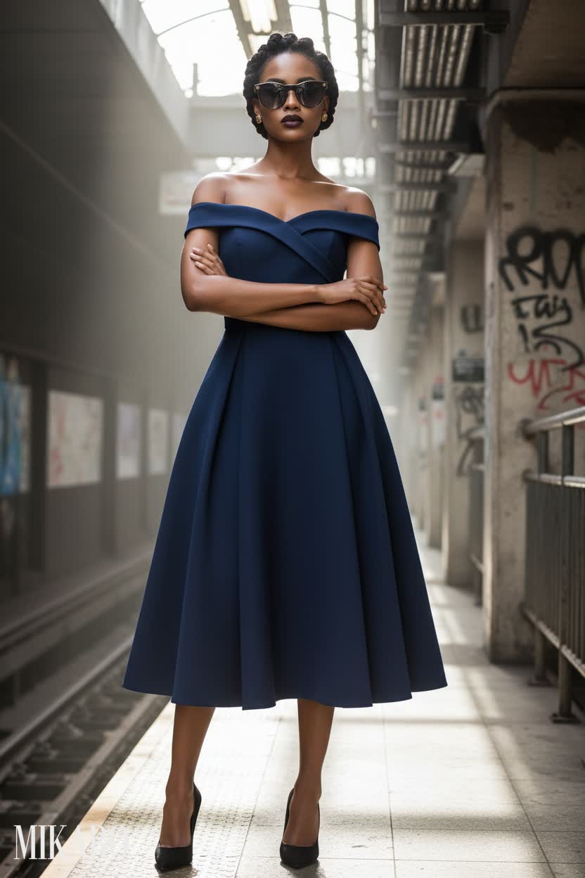 Subway Elegance: Off-Shoulder Midi with Versace Sunglasses