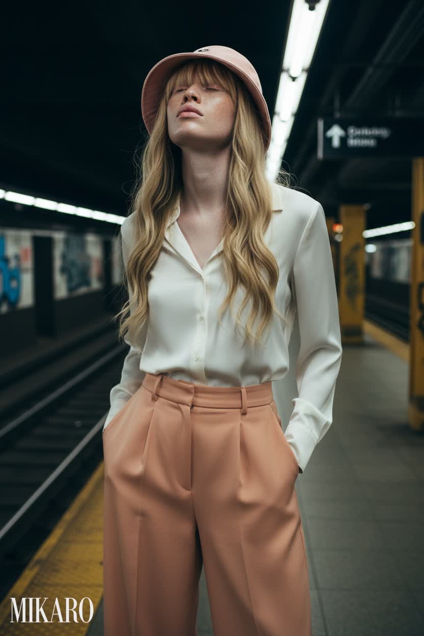 Subway Serenity: Silk Blouse, Wide-Leg Trousers & Bucket Hat