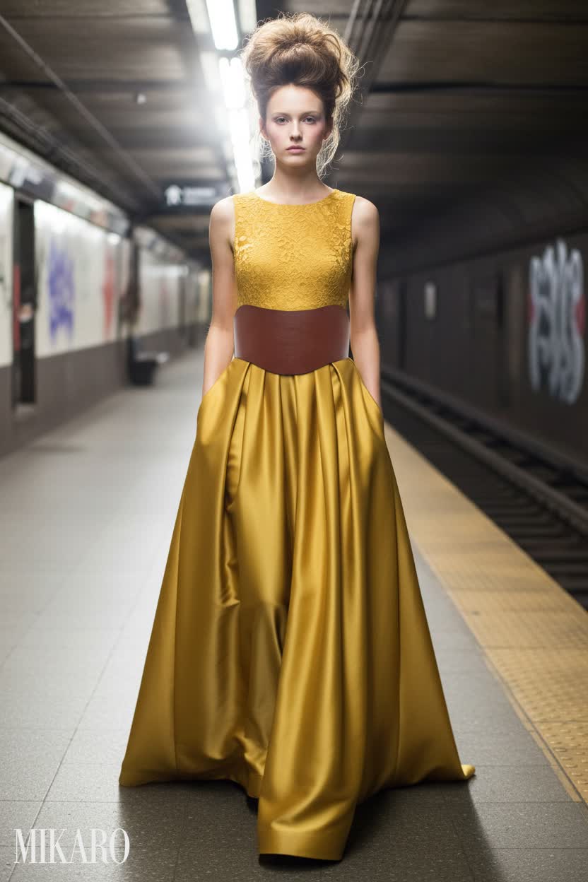 Subway Station Chic: Golden Gown with Corset Belt