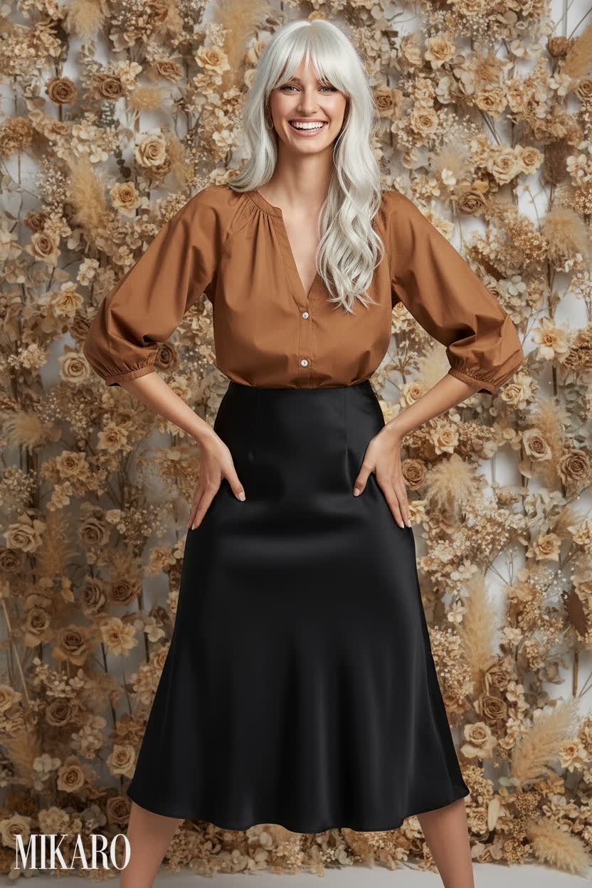 Tan Blouse and Black Satin Skirt Ensemble