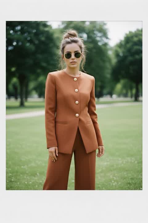 Terracotta Blazer and Wide-Leg Pants with Round Sunglasses