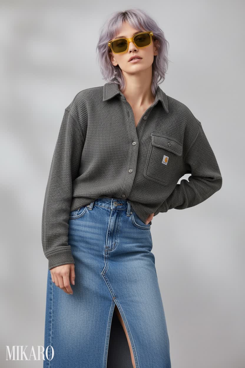 Textured Waffle Knit & Denim Midi Skirt Ensemble