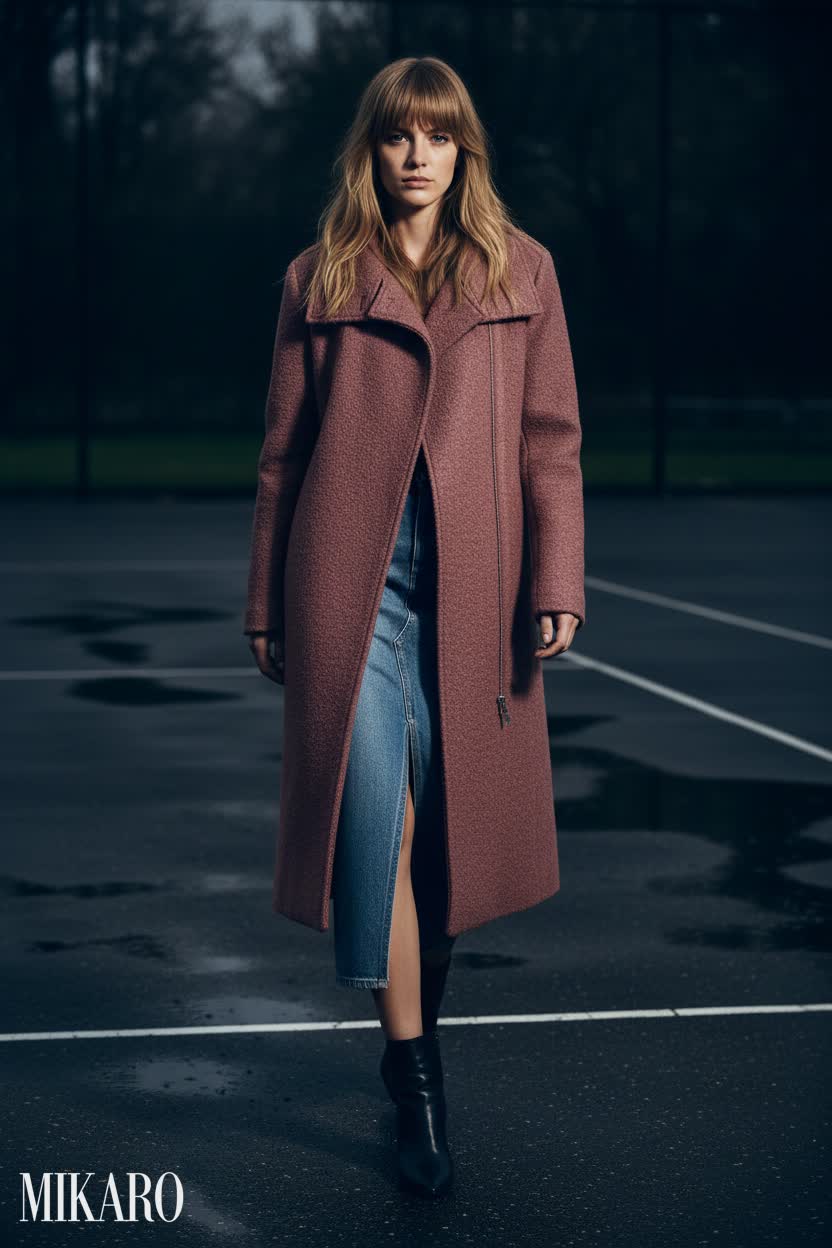Textured Wool Coat with Denim Midi Skirt