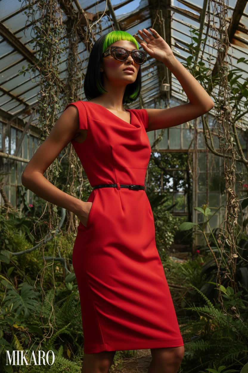 Red dress, black belt, Havana sunglasses, neon green hair, bronze skin, greenhouse.