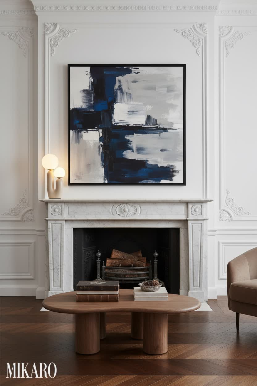 Traditional: Elegant Mantel Decor with Modern Art in Historical Setting