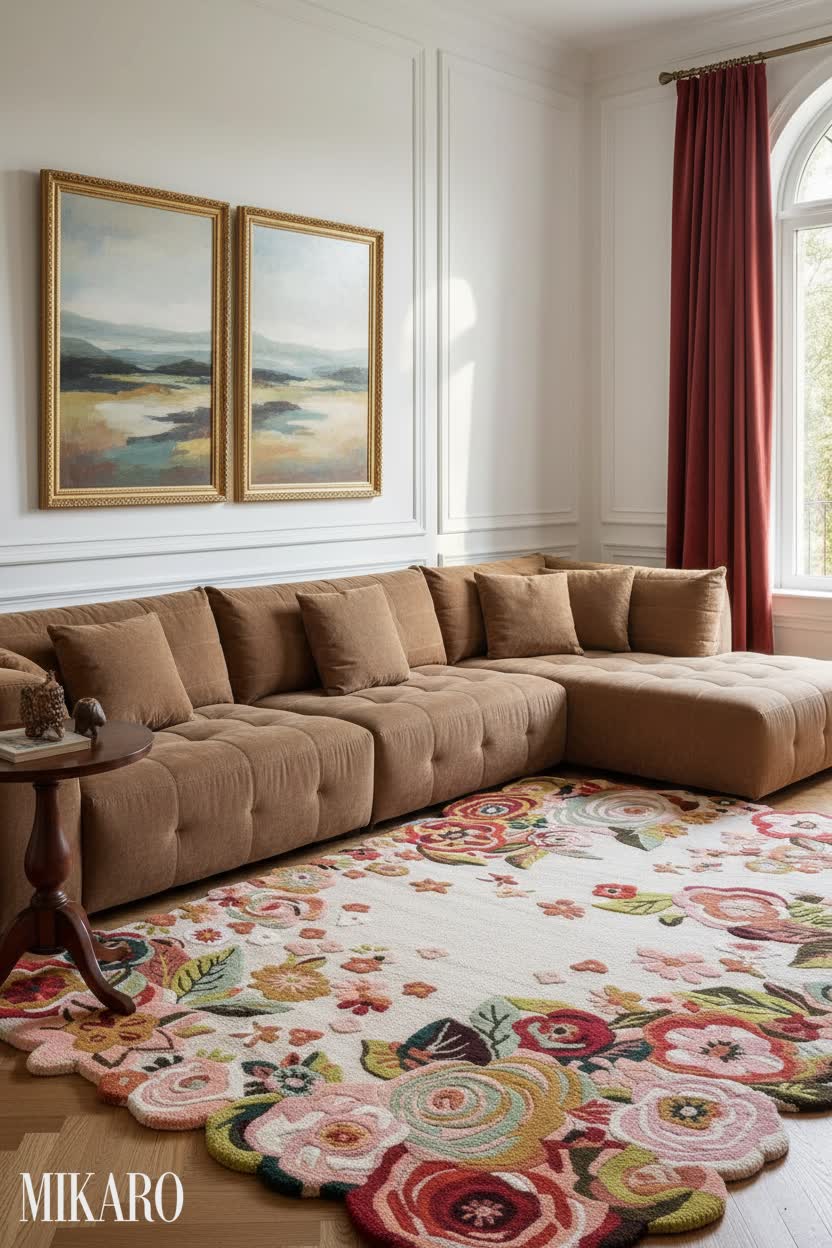 Traditional: Floral Wool Rug & Cloud Couch Living Room