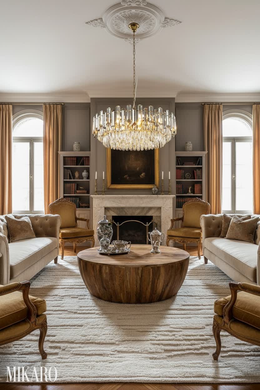 Traditional Luxury Living Room: Crystal Chandelier, Wood Coffee Table, Moroccan Rug Design Ideas