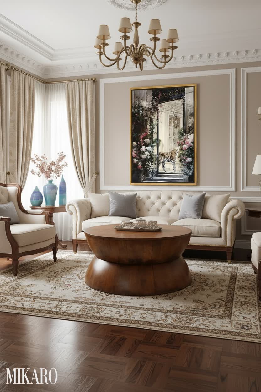 Traditional: Warm Wood Textures & Floral Grandeur Living Room