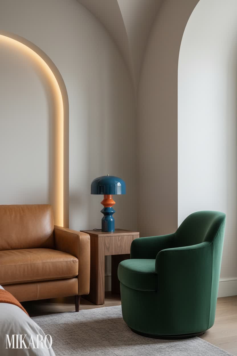 Transitional Bedroom: Cozy Arched Retreat with Cognac and Green Accents