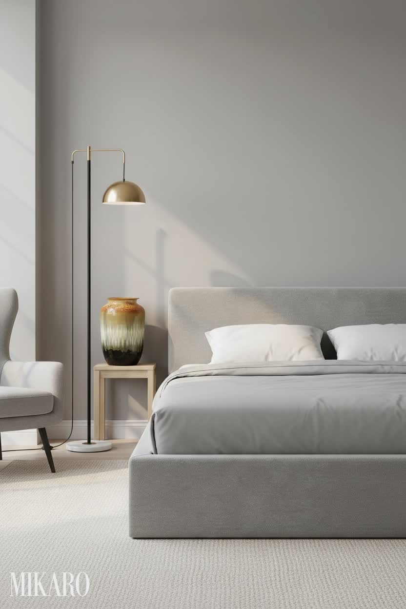 Transitional Bedroom Retreat: Modern Bed, Chic Lamp & Artistic Vase