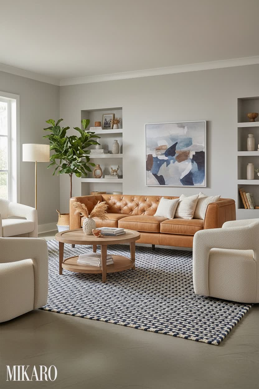 Transitional: Cognac Leather & Navy Rug Living Room Design