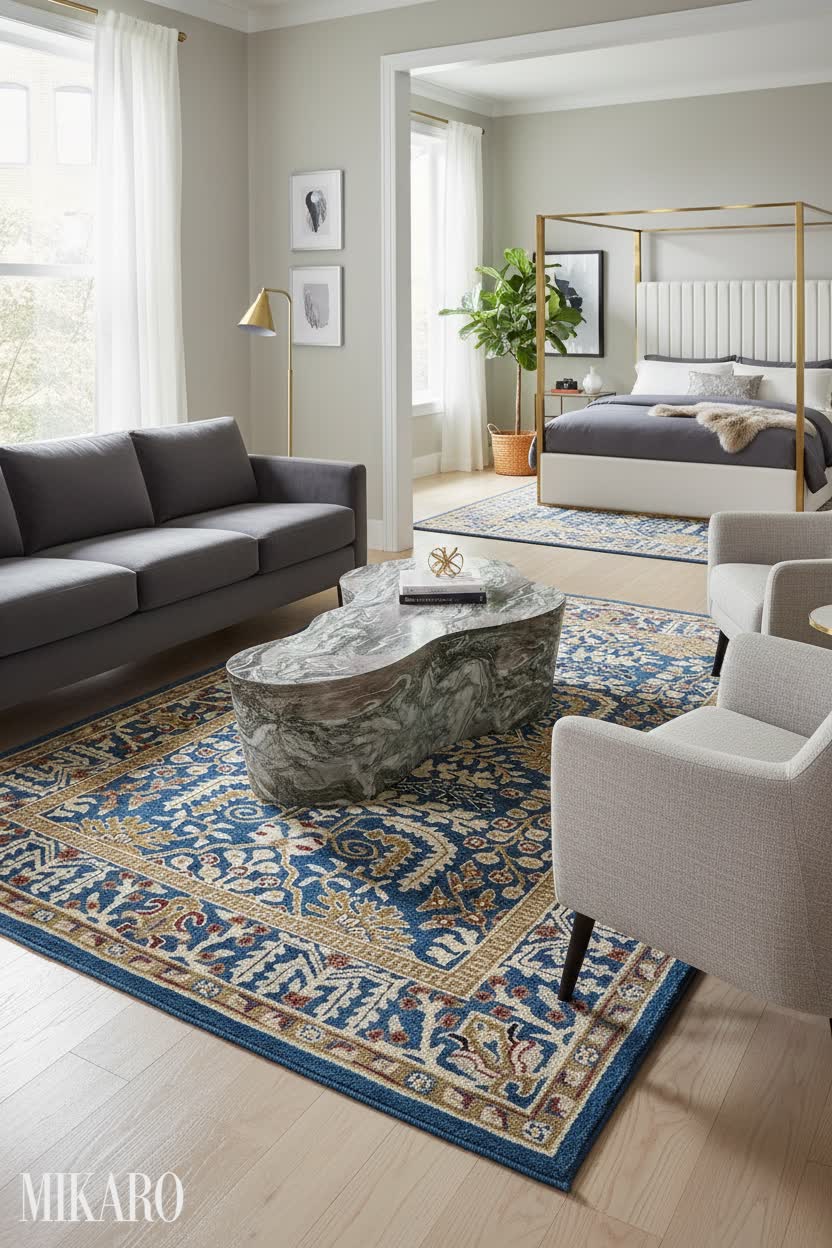 Transitional Living & Bedroom: SAFAVIEH Rug, Faux Marble Table & White Leather Bed Inspiration