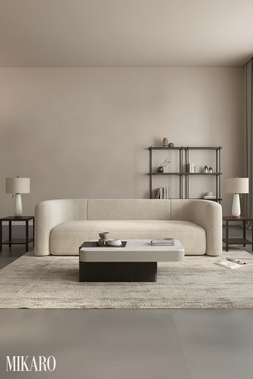 Transitional Living Room: Cream Velvet Sofa, Mid-Century Lamps & Nordic Coffee Table