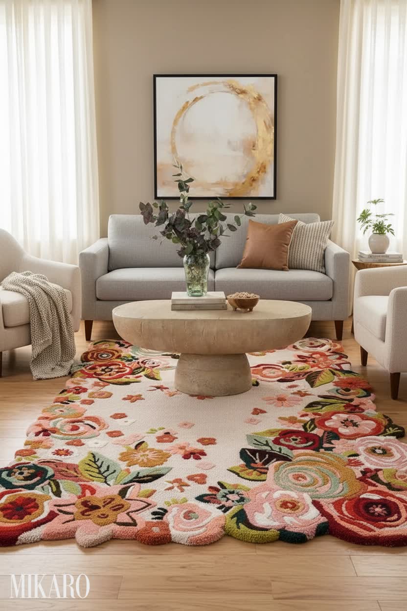 Transitional Living Room Elegance: Floral Rug, Oval Coffee Table & Abstract Art Decor