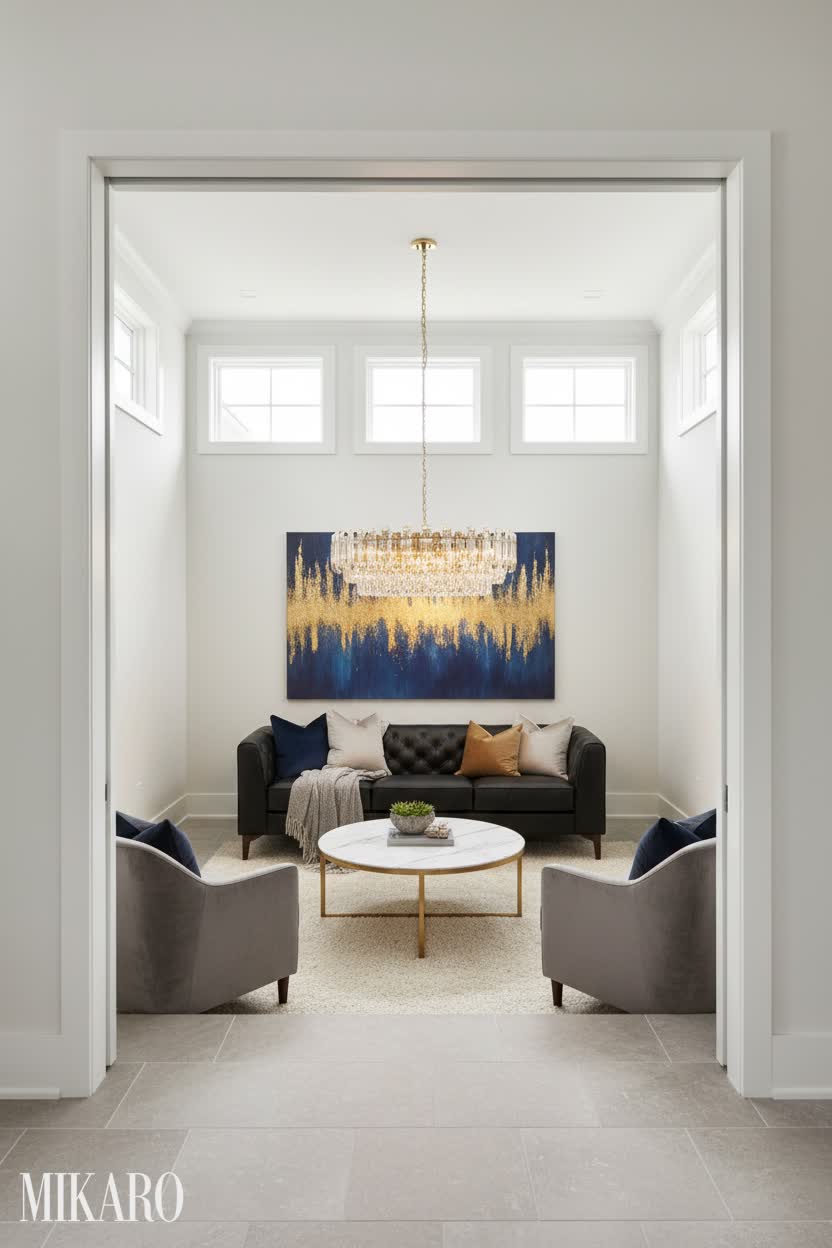 Transitional: Luxe Conversation Pit with Crystal Chandelier and Art