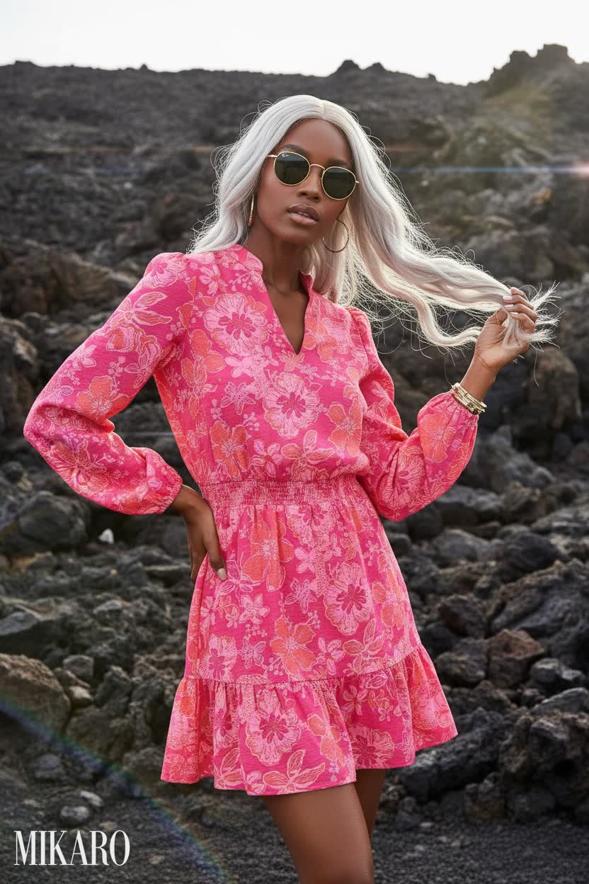 Tropical Pink Resort Dress with Gold Round Sunglasses