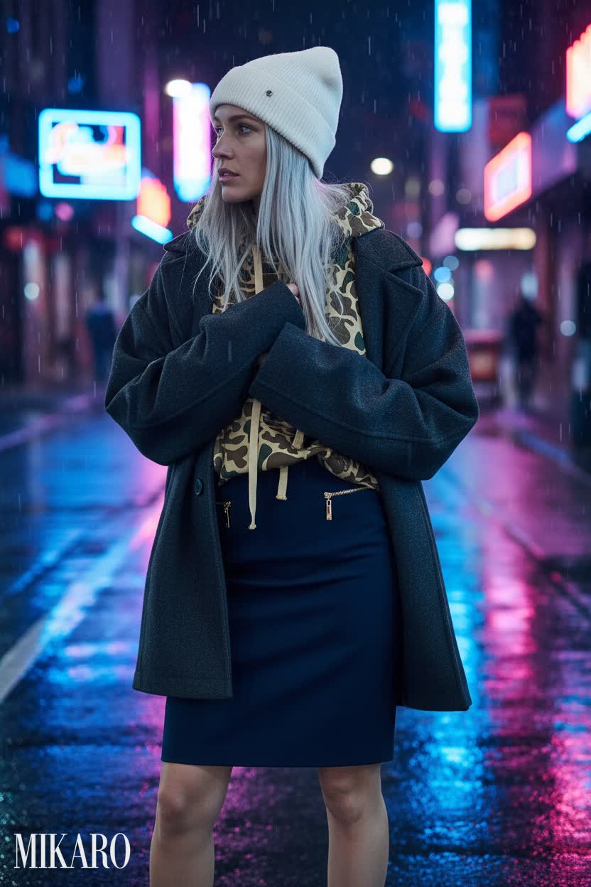 Urban Camo Chic: Hoodie, Beanie, and Pencil Skirt