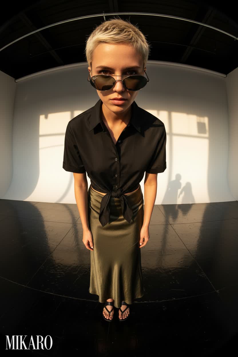 Urban Chic: Black Shirt, Olive Skirt, and Sleek Sunglasses