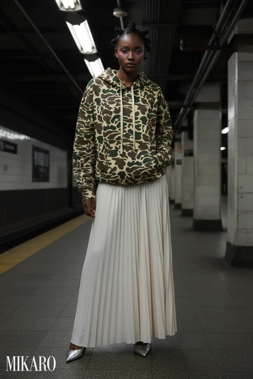 Urban Chic: Camo and Pleats in the Subway