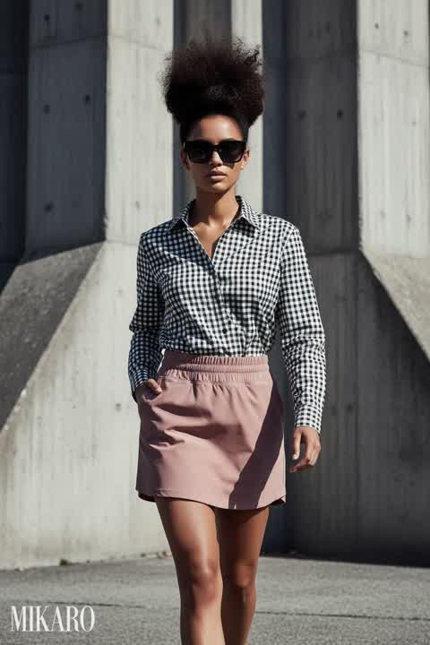 Urban Chic: Checked Shirt & Blush Skirt Ensemble