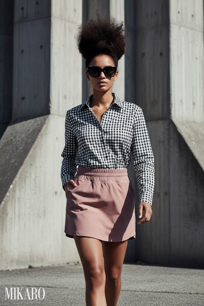 Urban Chic: Checked Shirt & Blush Skirt Ensemble