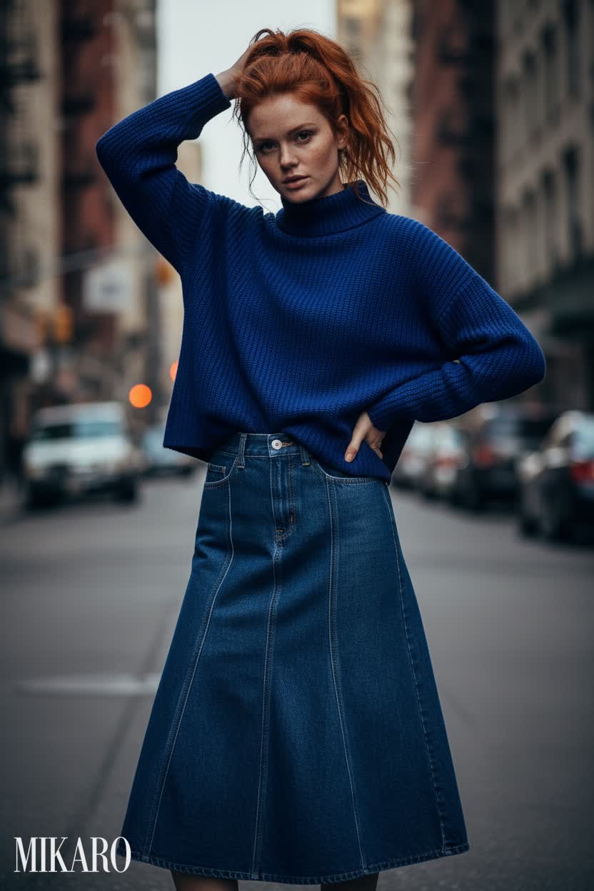 Urban Chic: Denim Skirt & Cobalt Sweater