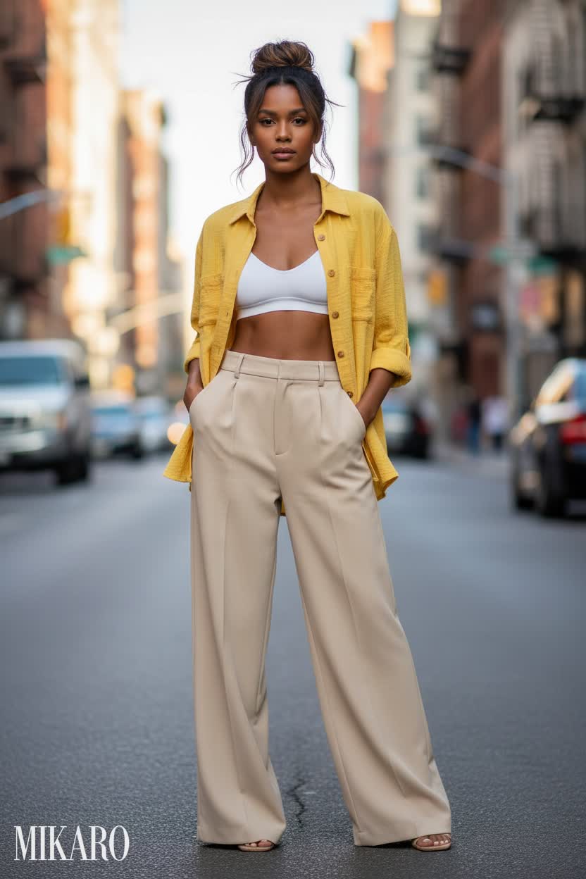 Woman in yellow overshirt and apricot wide leg pants