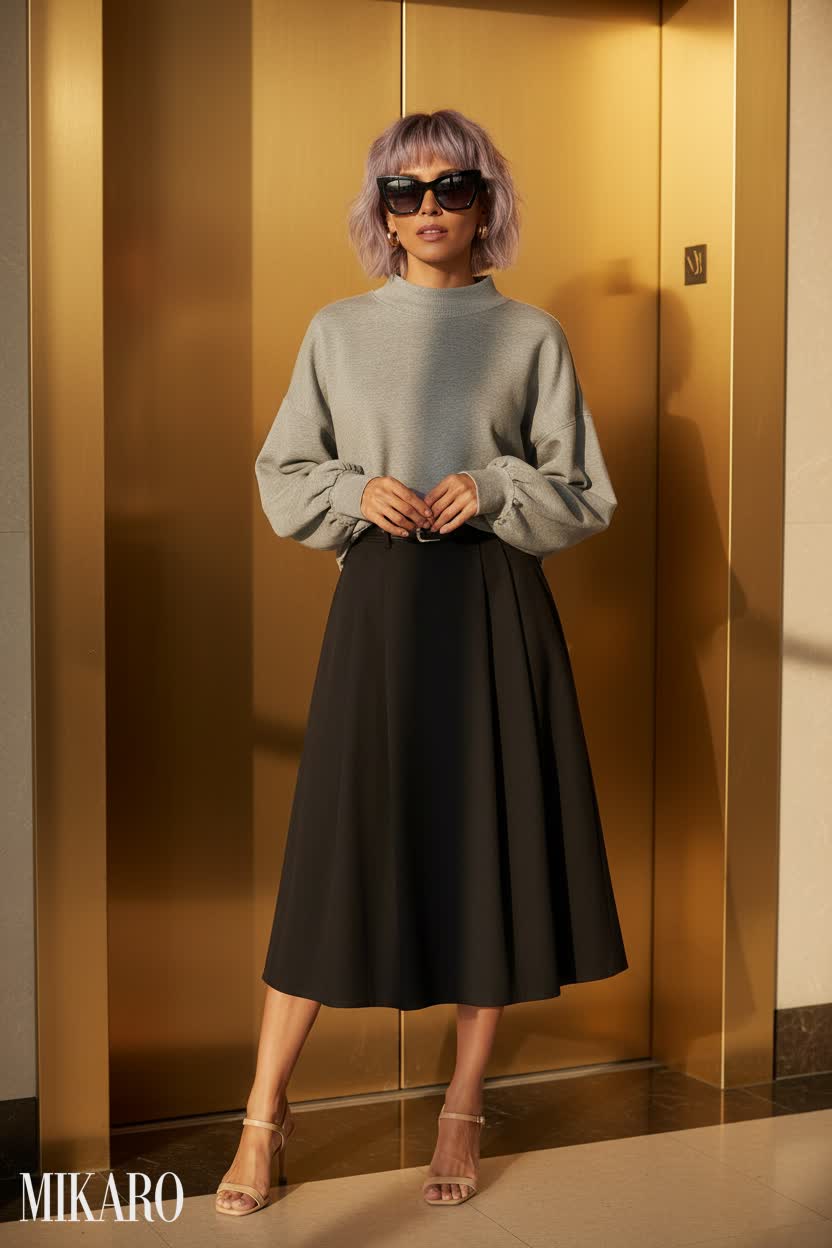 Urban Chic: Grey Sweatshirt & Black Midi Skirt Ensemble