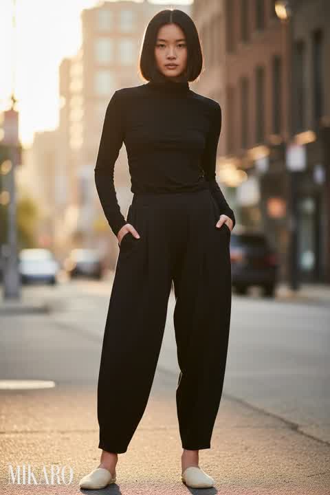 Urban Chic: Japanese Model in Black Lantern Pants and Turtleneck