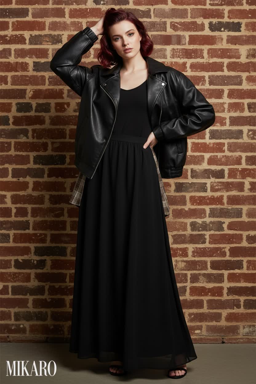 Woman with red hair in oversized leather jacket and black maxi skirt