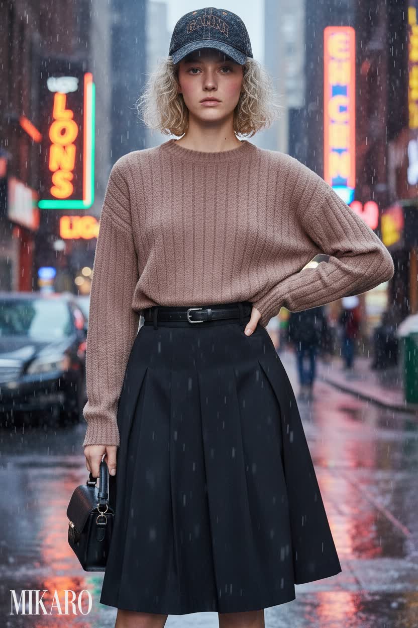 Urban Chic: Ribbed Sweater, Pleated Skirt & Denim Cap Ensemble