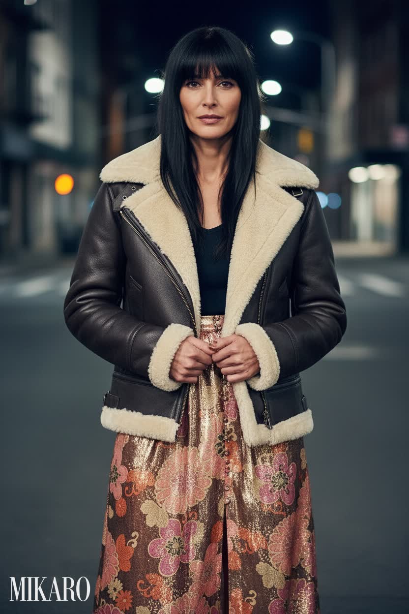 Urban Chic: Shearling Jacket Meets Floral Maxi