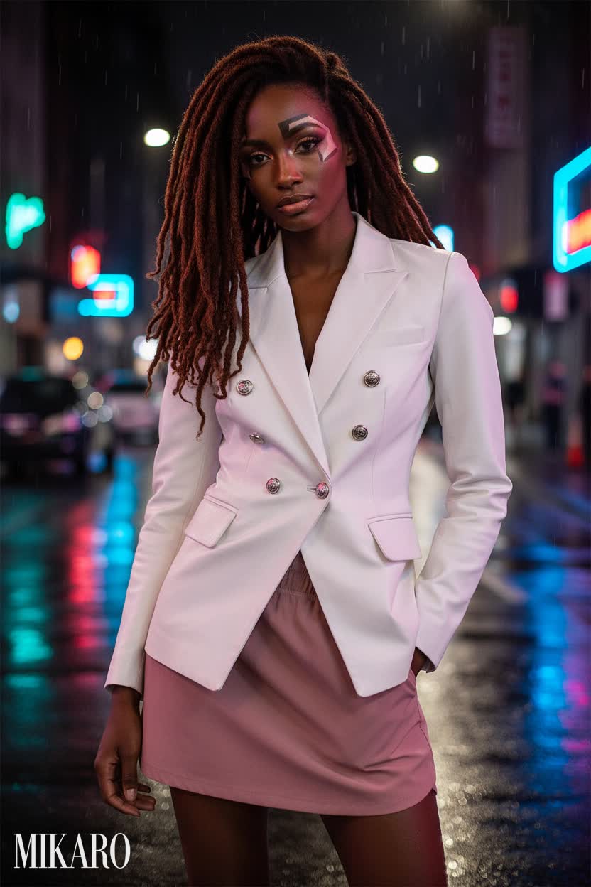 Urban Chic: White Leather Blazer & Sangria Skirt