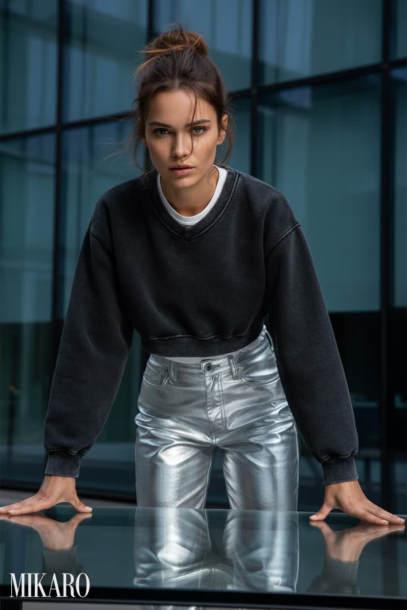 Urban Edge: Cropped Sweatshirt & Silver Faux Leather Pants