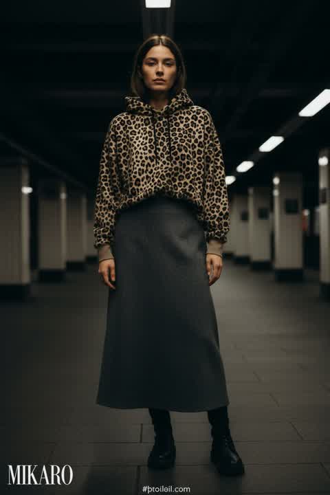 Urban Edge: Leopard Hoodie & Wool Midi Skirt