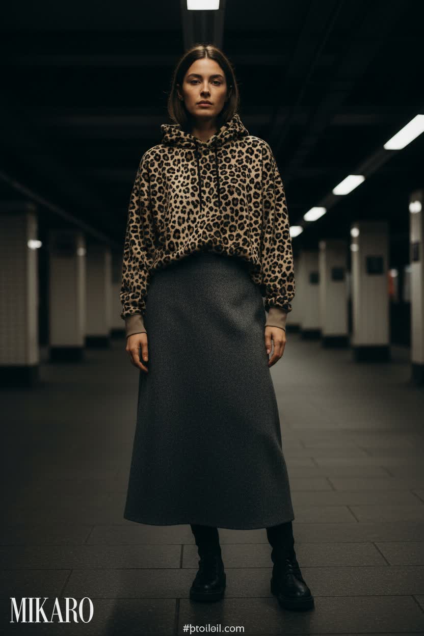 Urban Edge: Leopard Hoodie & Wool Midi Skirt