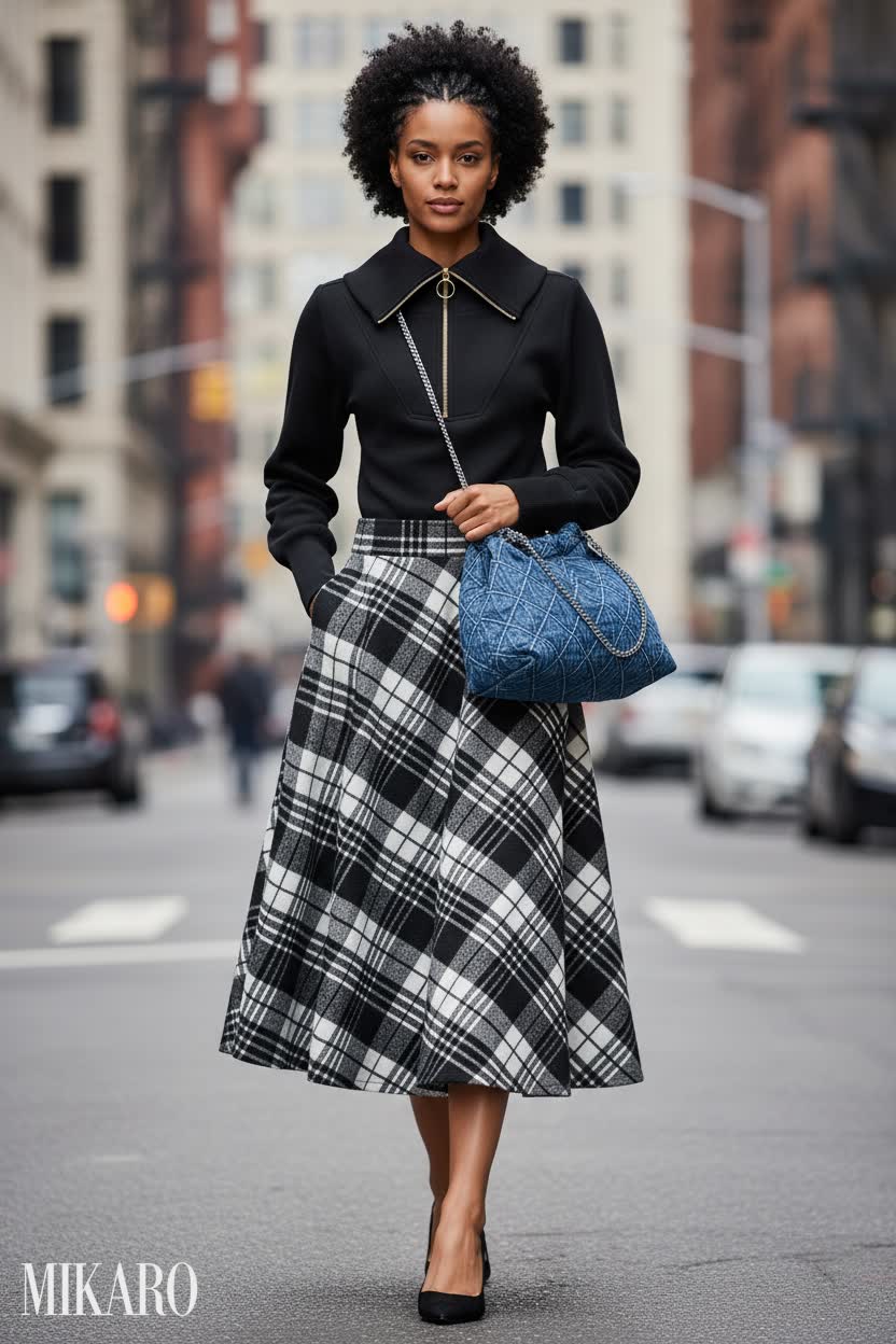 Urban Elegance: Plaid Skirt and Denim Bag Street Style