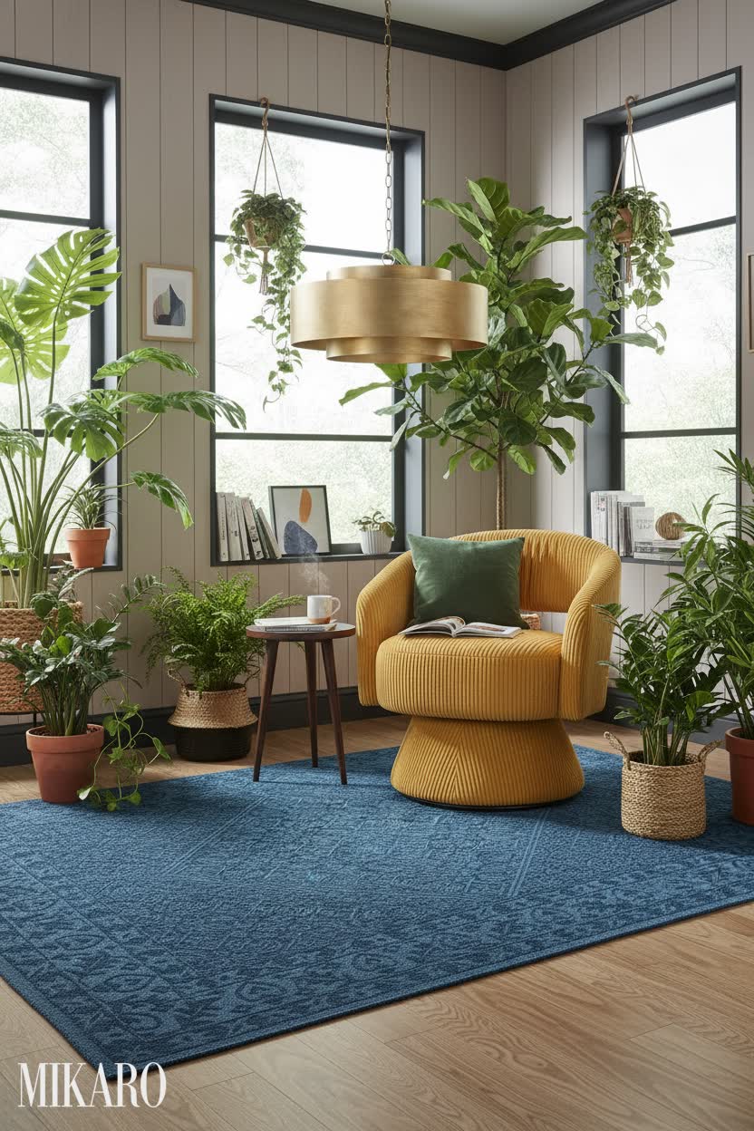Urban Jungle: A Vibrant Reading Nook with Bold Accents and Lush Greenery