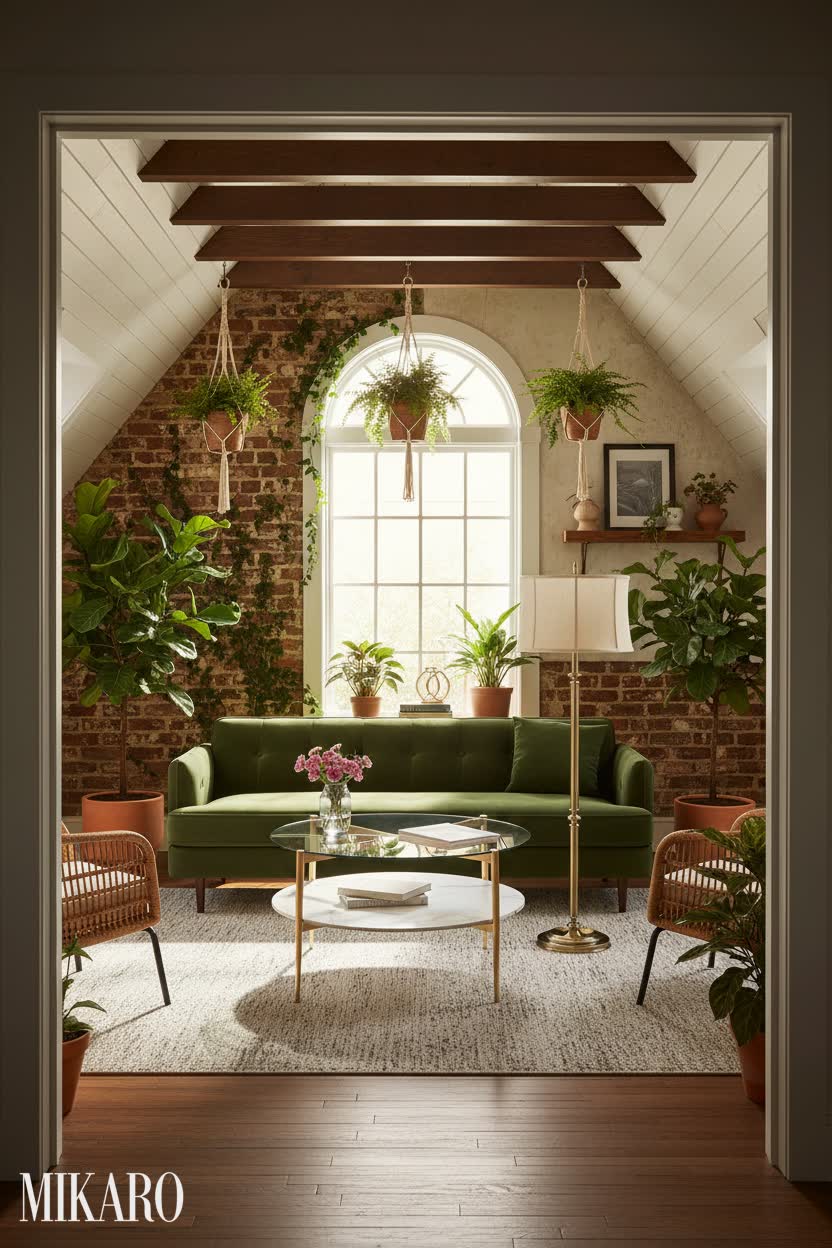 Urban Jungle: Attic Oasis with Mid-Century Modern Touch