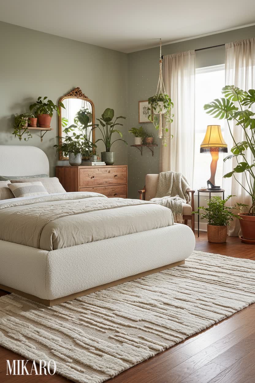 Urban Jungle Bedroom: Boucle Bed, Moroccan Rug & Eclectic Decor Ideas
