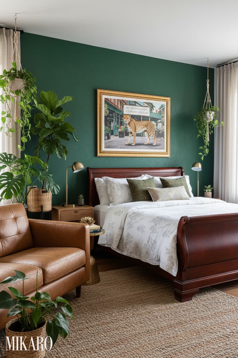 Urban Jungle Bedroom: Luxury Leather Sofa, Sleigh Bed & Chic Wall Art for Modern Retreats