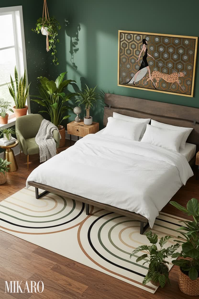 Urban Jungle Bedroom Oasis: King Bed, Art Deco, & Mid-Century Modern Rug