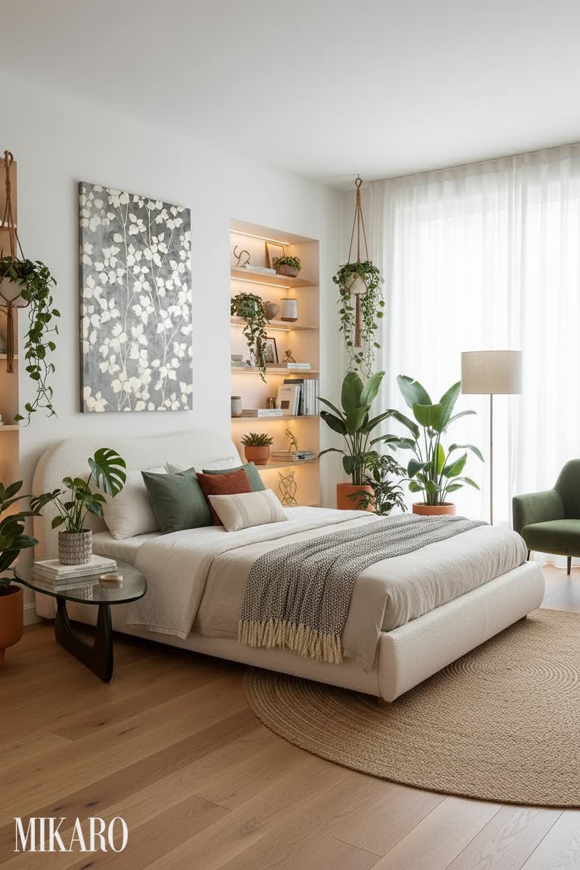 Urban Jungle Bedroom Oasis: Mid-Century Modern Comfort with Lush Greenery & Chic Accents